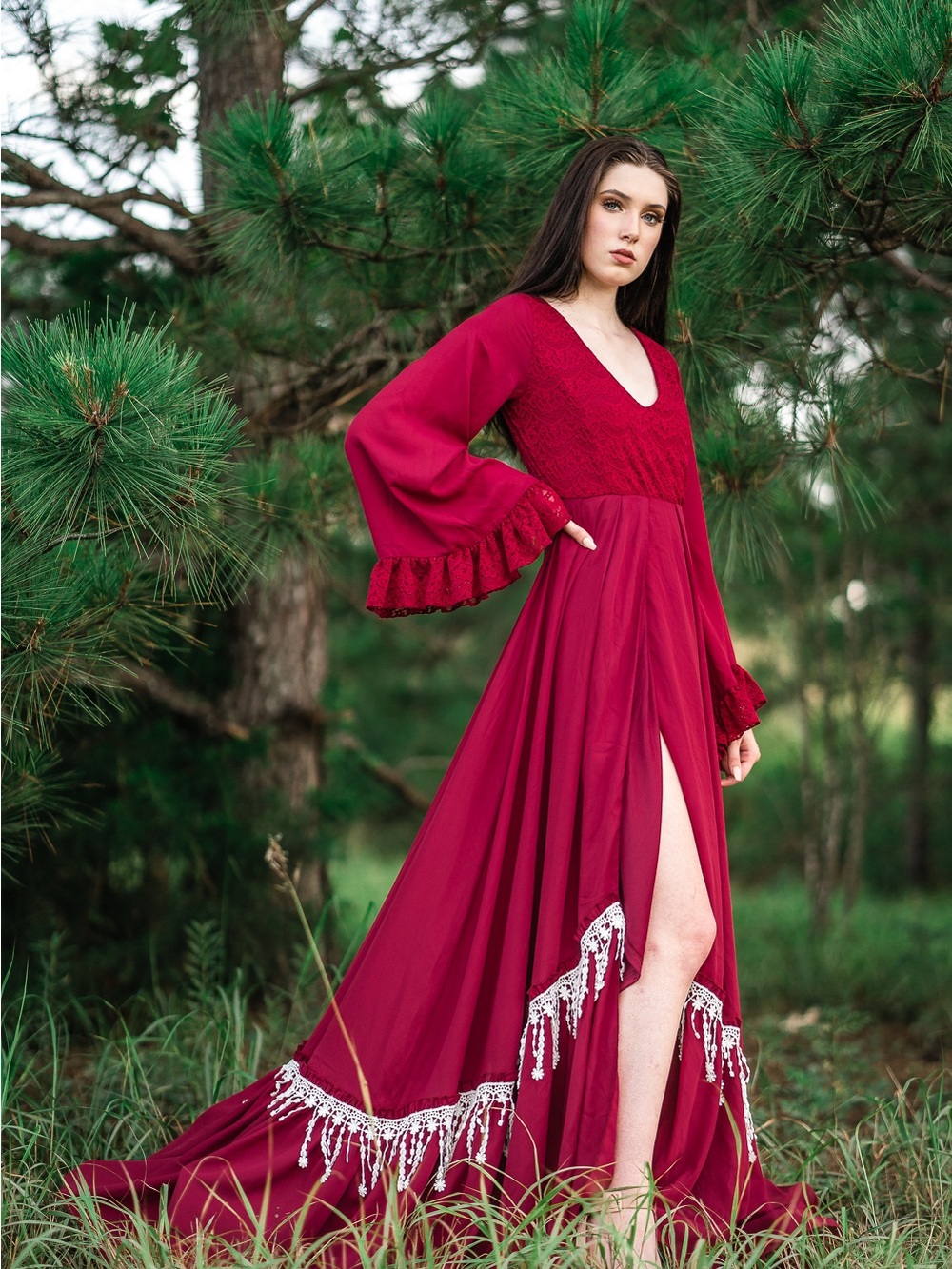 Boho Whimsygoth Fall Maxi Dress in Deep Red with Open Back Bell Sleeves Size S